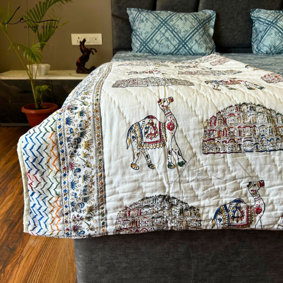 Hand Block Printed Organic Cotton Quilted Blanket - Royal Palace