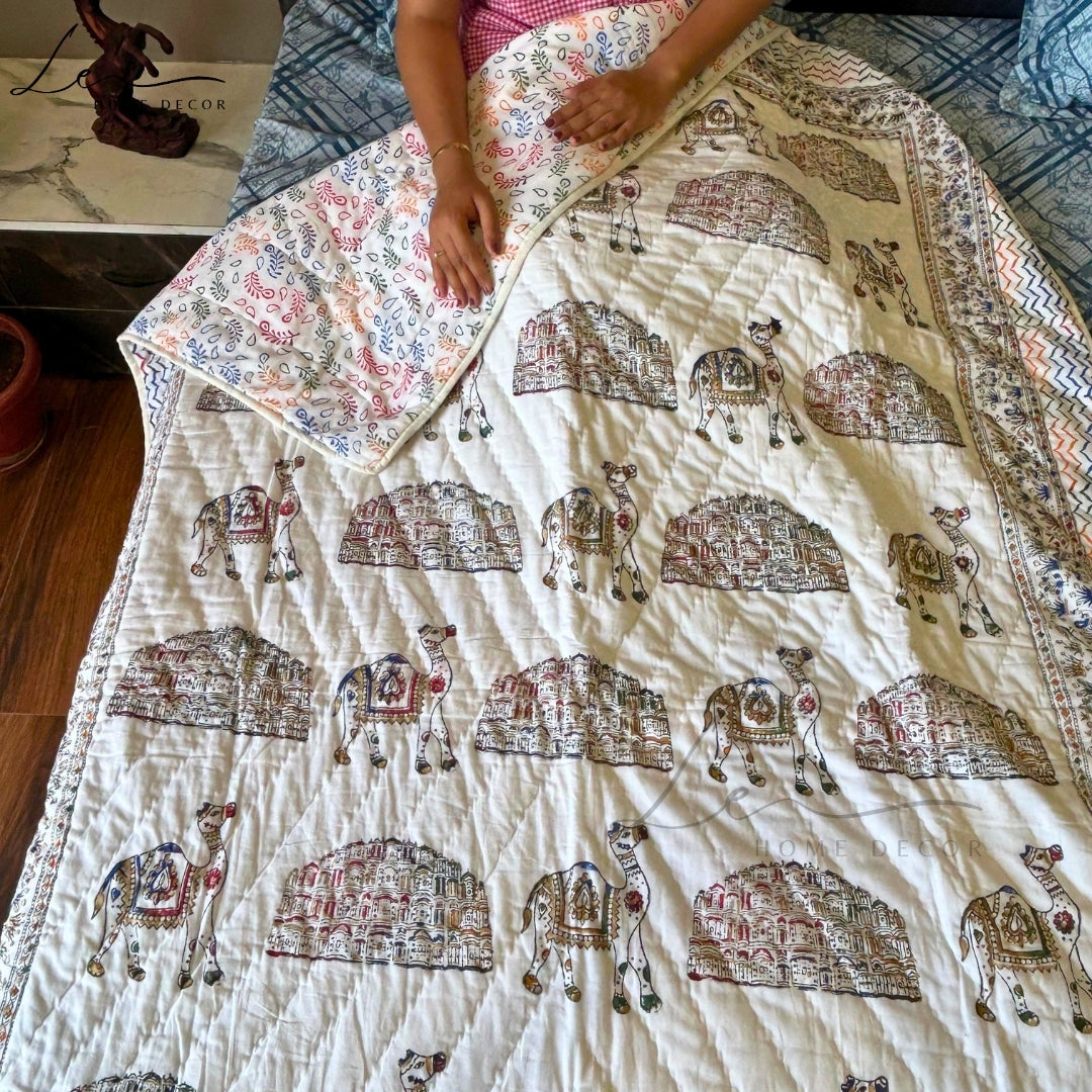 Hand Block Printed Organic Cotton Quilted Blanket - Royal Palace