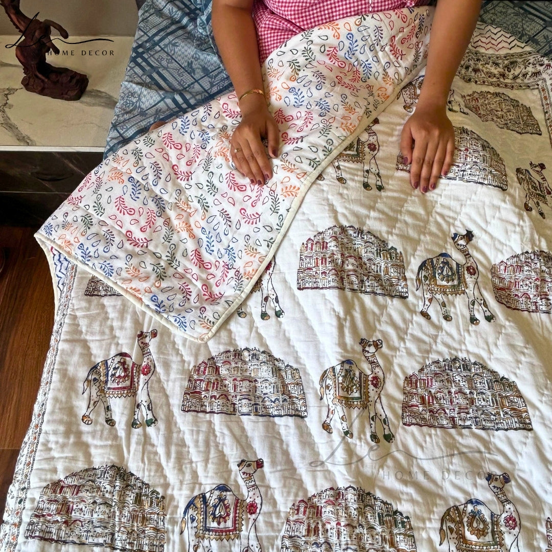 Hand Block Printed Organic Cotton Quilted Blanket - Royal Palace