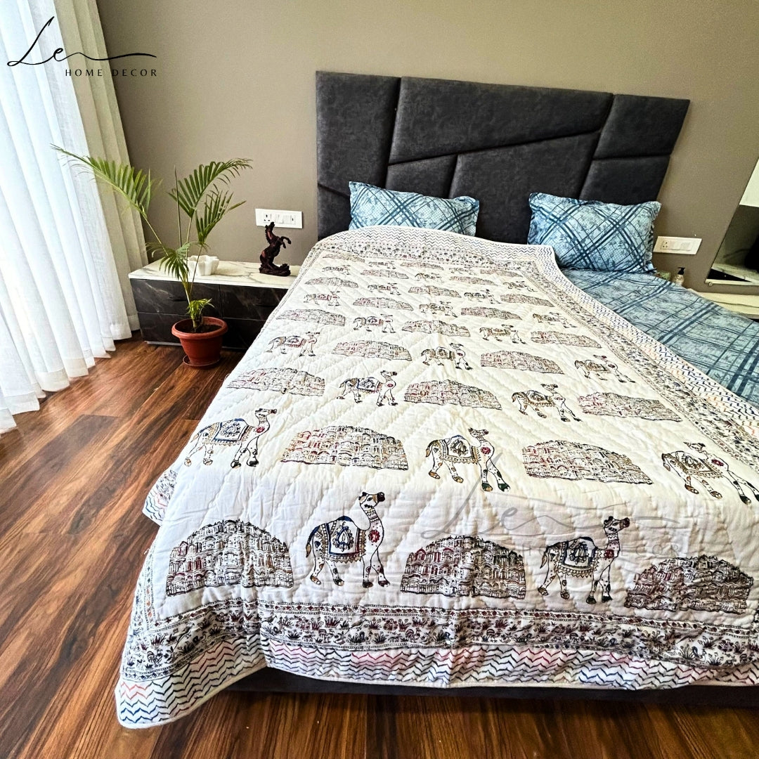 Hand Block Printed Organic Cotton Quilted Blanket - Royal Palace