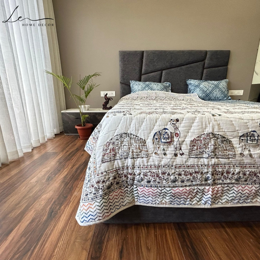 Hand Block Printed Organic Cotton Quilted Blanket - Royal Palace