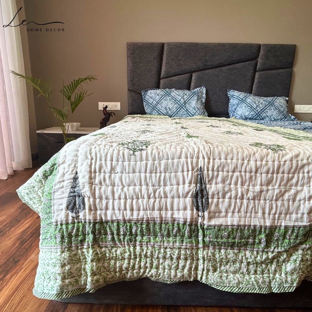 Hand Block Printed Organic Cotton Quilted Blanket - Forest Green