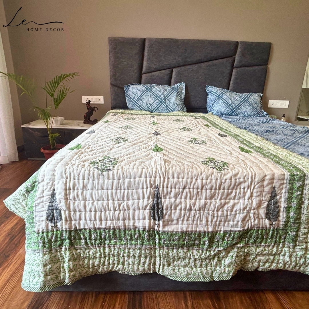 Hand Block Printed Organic Cotton Quilted Blanket - Forest Green