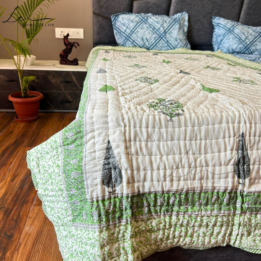 Hand Block Printed Organic Cotton Quilted Blanket - Forest Green