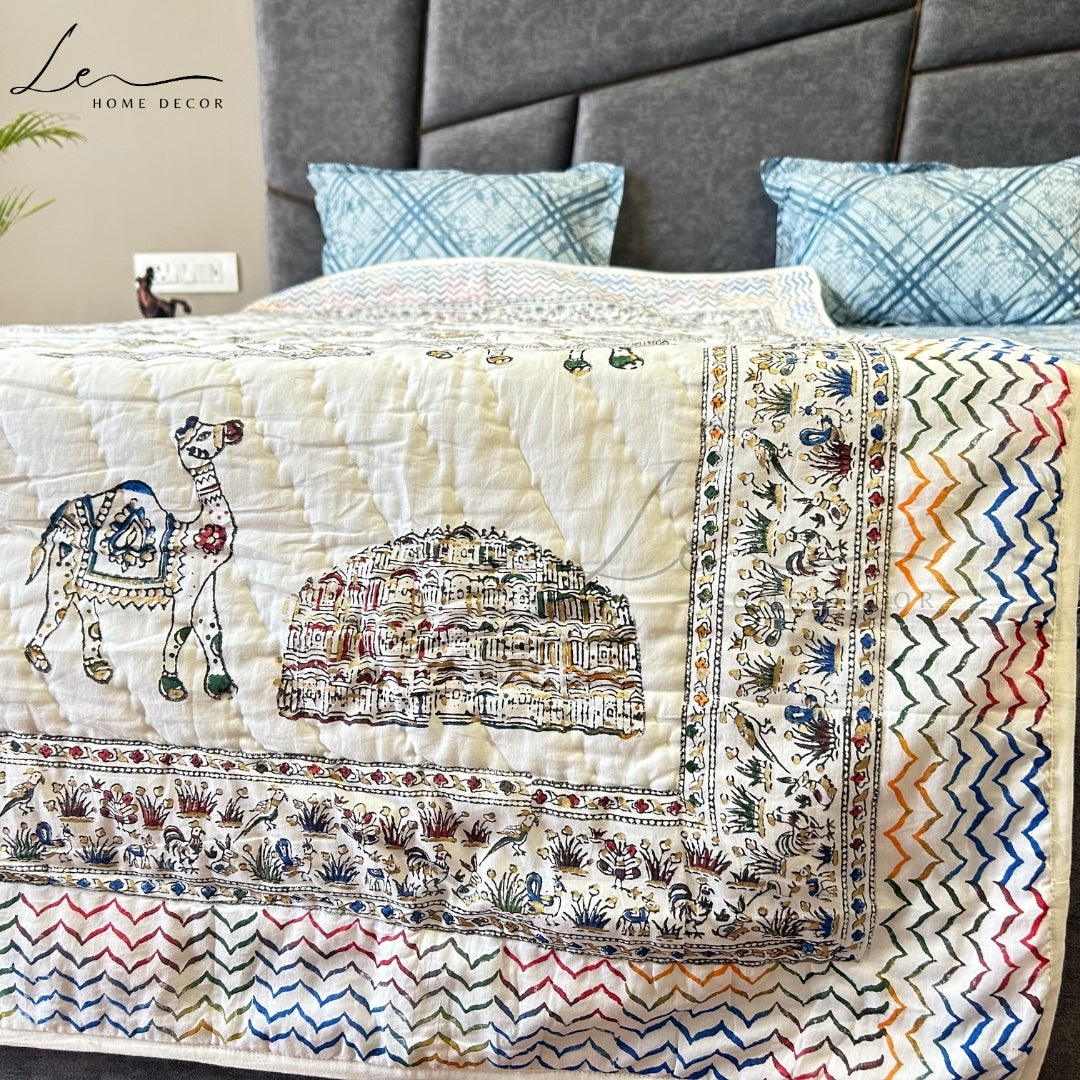 Hand Block Printed Organic Cotton Quilted Blanket - Royal Palace