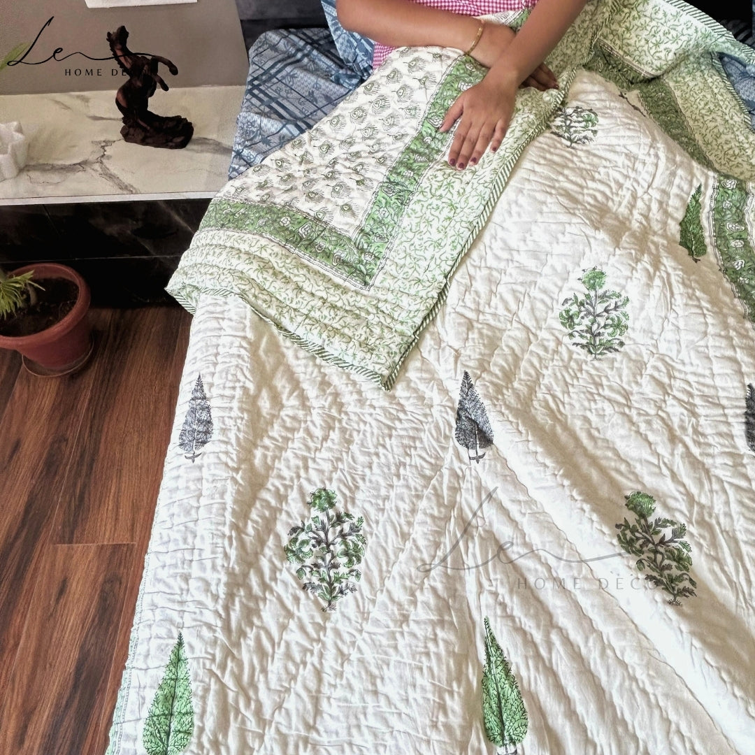 Hand Block Printed Organic Cotton Quilted Blanket - Forest Green