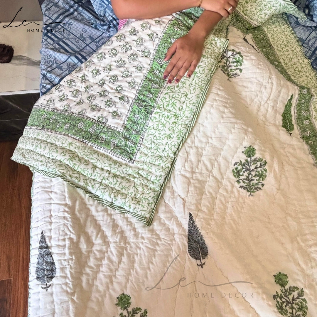 Hand Block Printed Organic Cotton Quilted Blanket - Forest Green