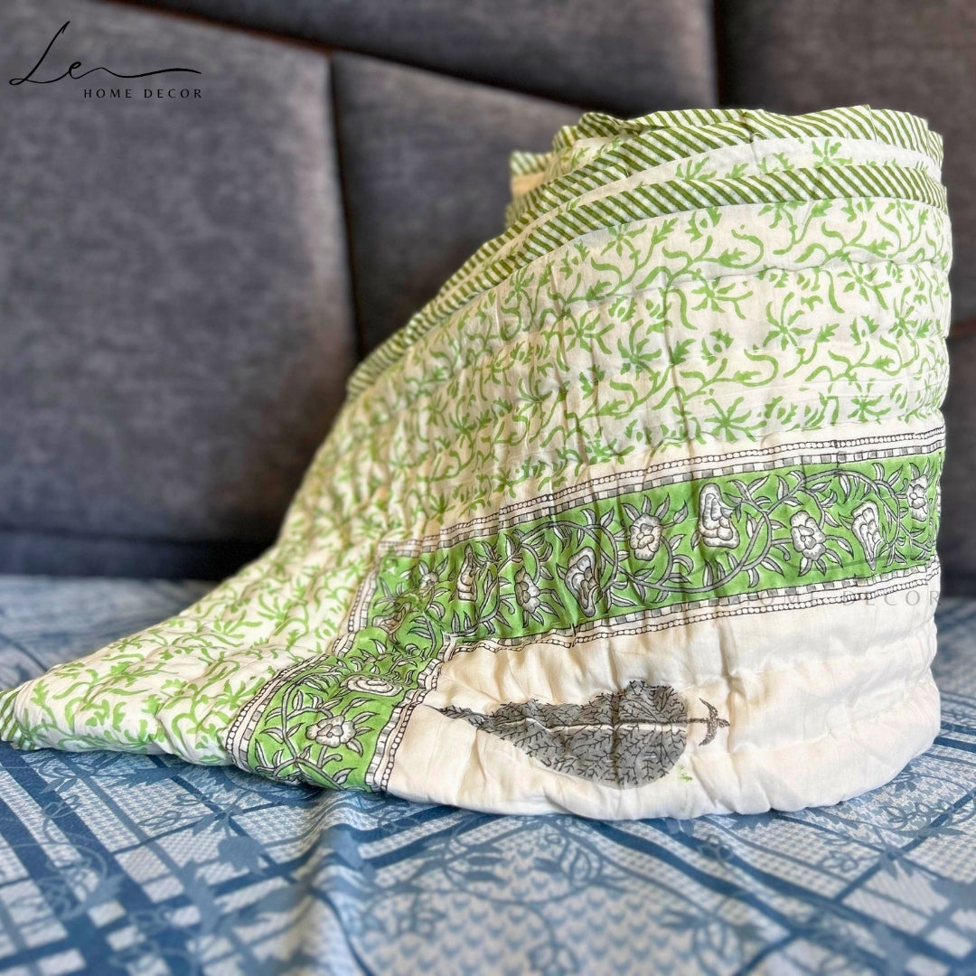 Hand Block Printed Organic Cotton Quilted Blanket - Forest Green
