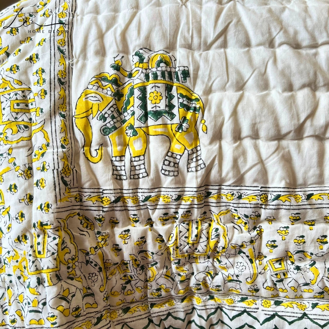 Hand Block Printed Organic Cotton Quilted Blanket - Elephant