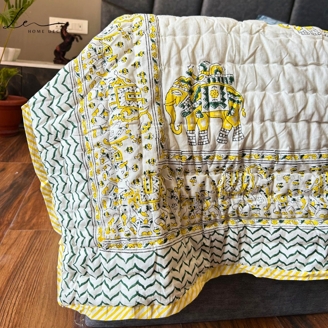 Hand Block Printed Organic Cotton Quilted Blanket - Elephant