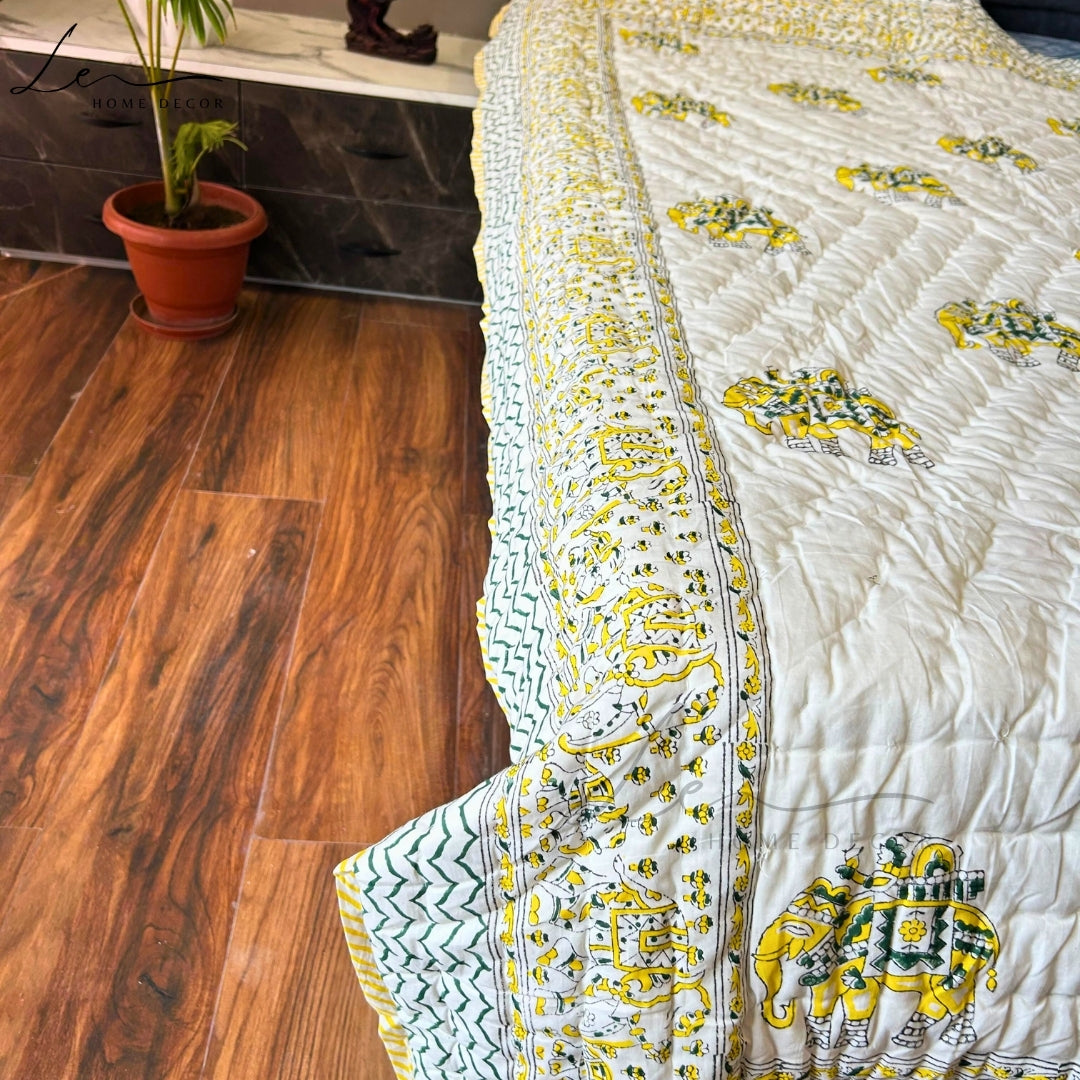 Hand Block Printed Organic Cotton Quilted Blanket - Elephant