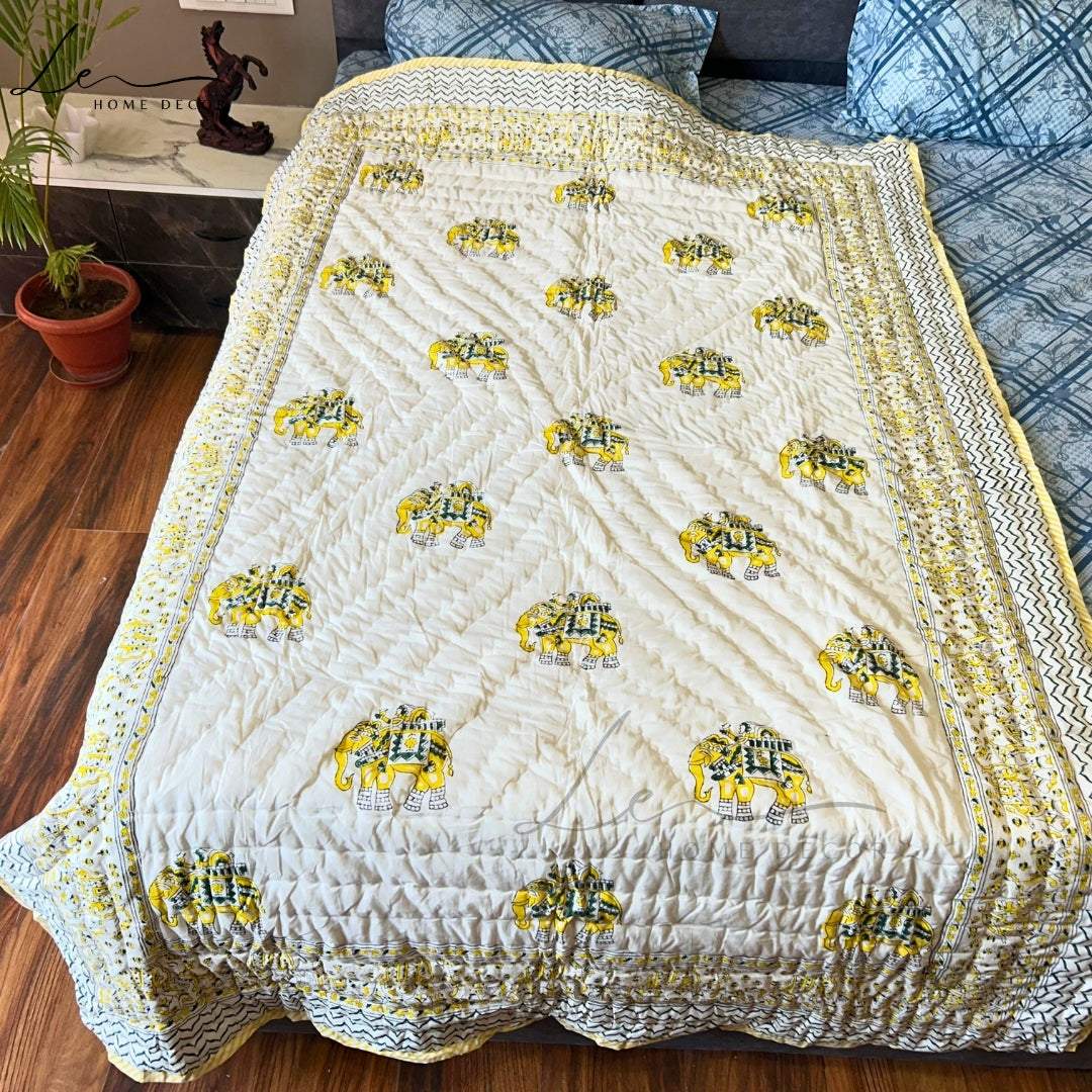 Hand Block Printed Organic Cotton Quilted Blanket - Elephant