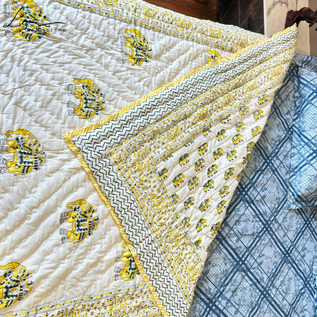 Hand Block Printed Organic Cotton Quilted Blanket - Elephant
