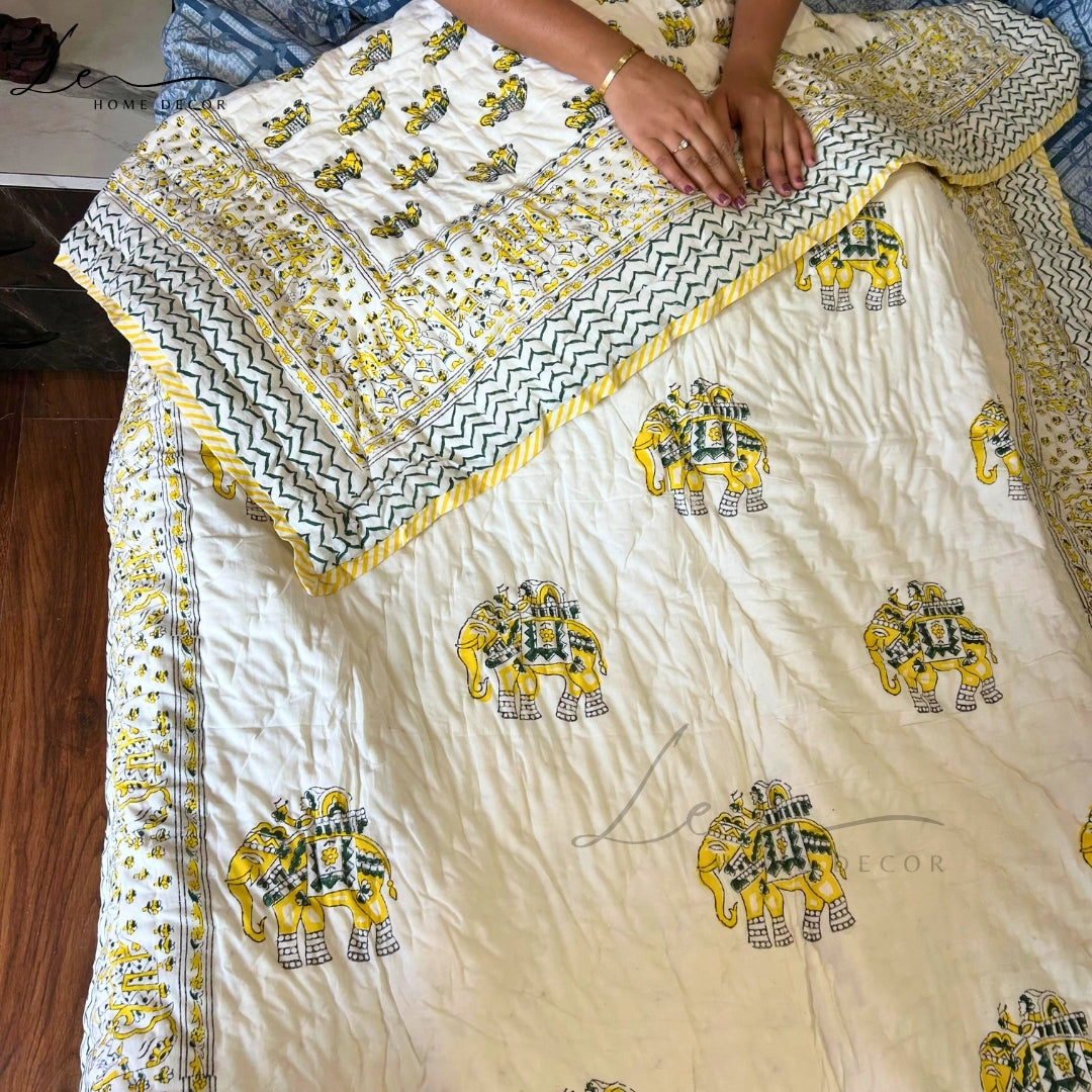 Hand Block Printed Organic Cotton Quilted Blanket - Elephant