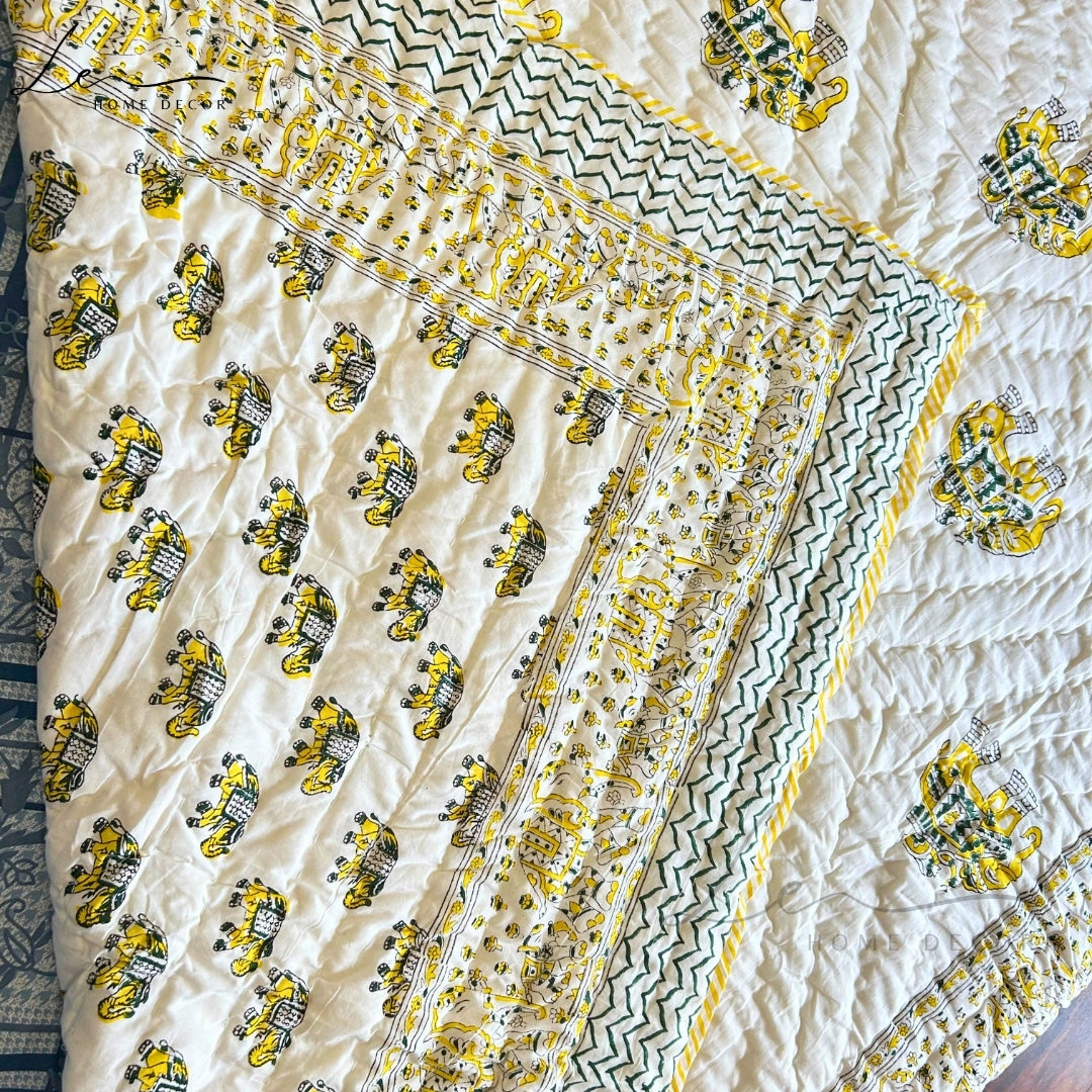 Hand Block Printed Organic Cotton Quilted Blanket - Elephant