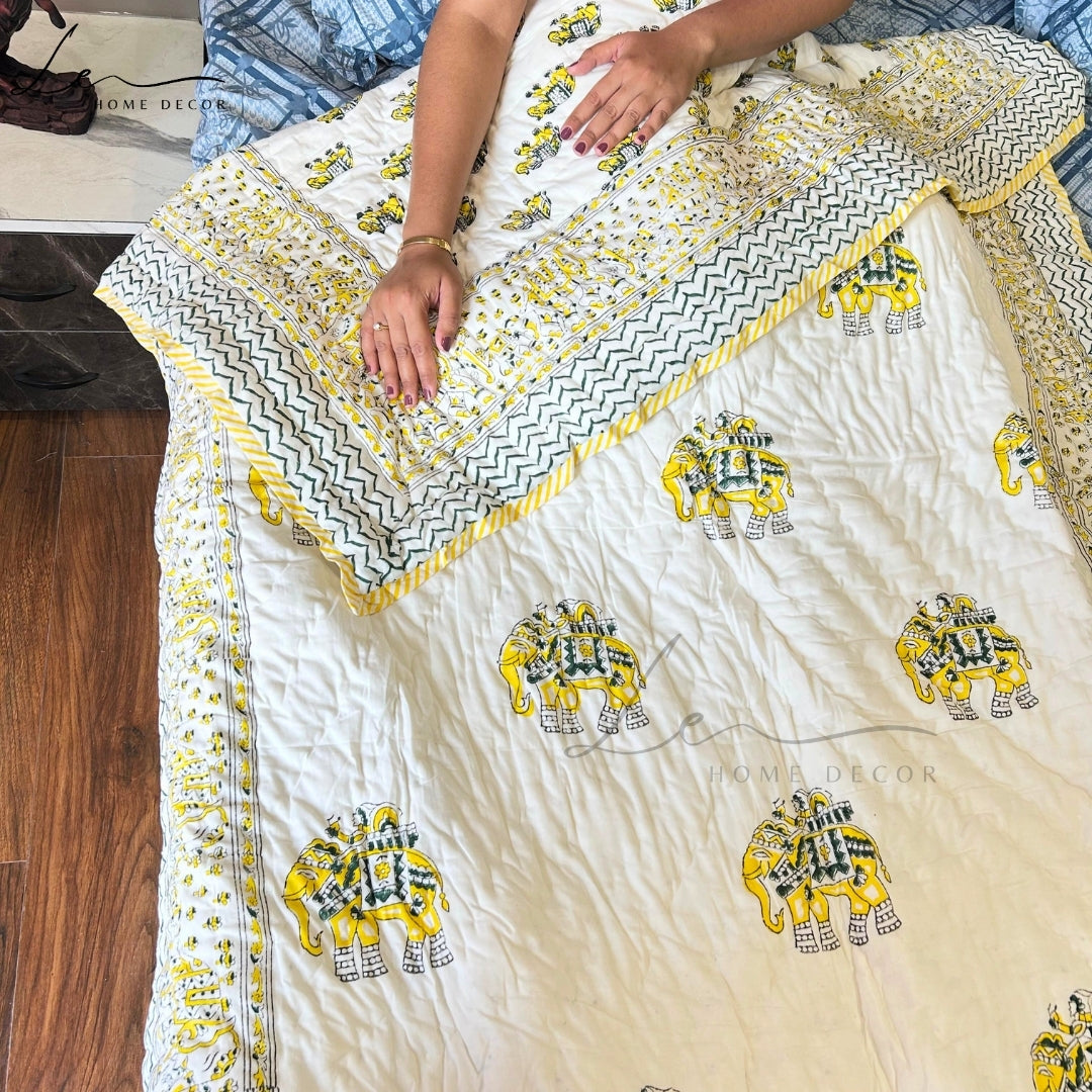Hand Block Printed Organic Cotton Quilted Blanket - Elephant