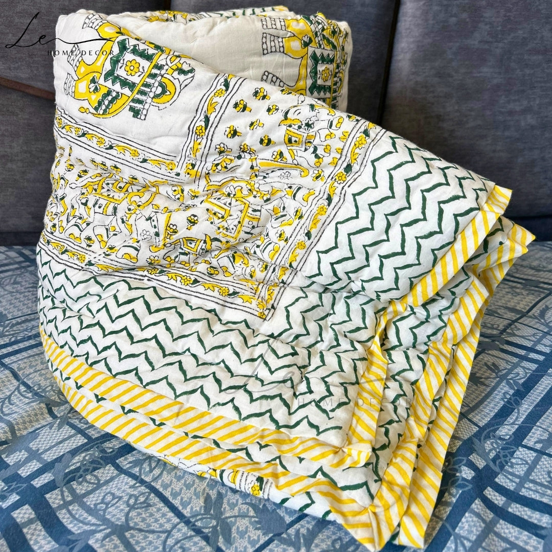 Hand Block Printed Organic Cotton Quilted Blanket - Elephant