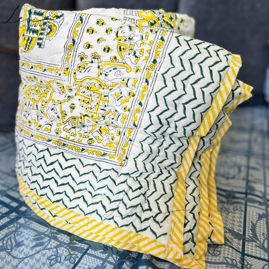 Hand Block Printed Organic Cotton Quilted Blanket - Elephant