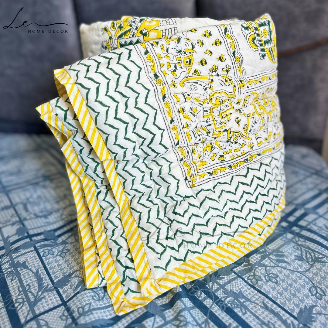 Hand Block Printed Organic Cotton Quilted Blanket - Elephant