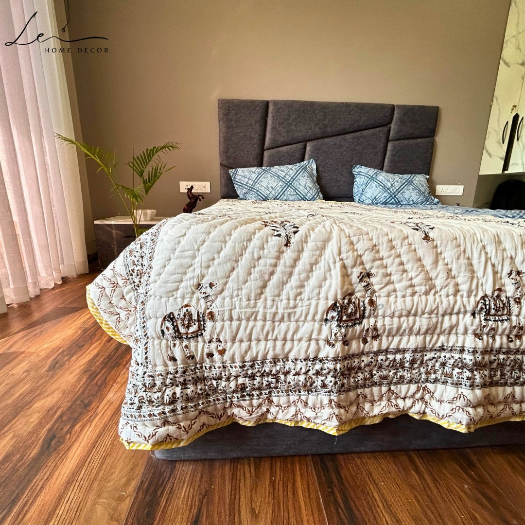 Hand Block Printed Organic Cotton Quilted Blanket - Camel