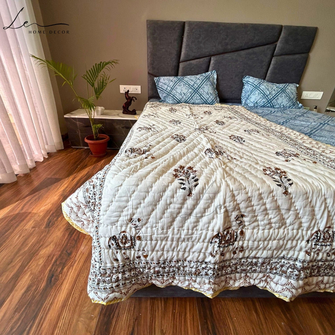 Hand Block Printed Organic Cotton Quilted Blanket - Camel