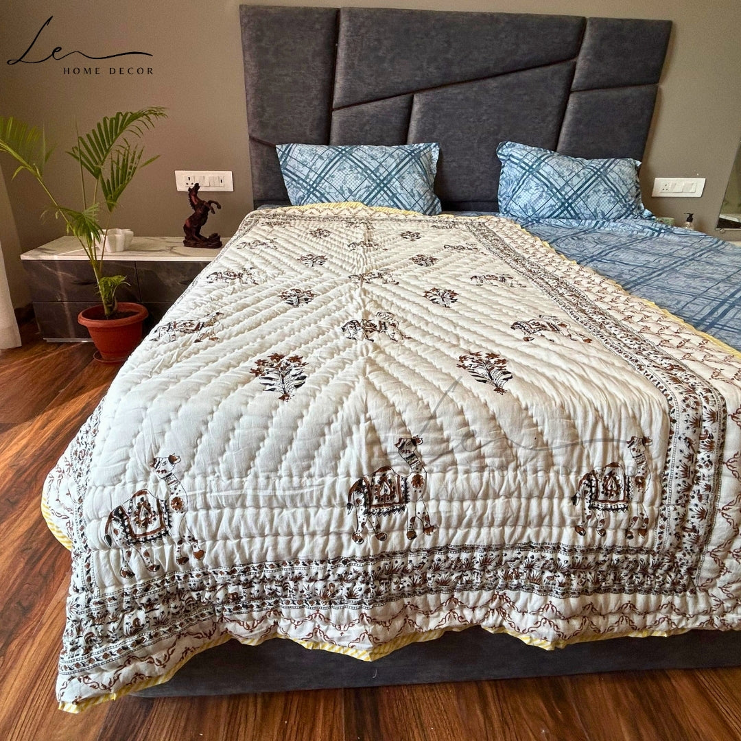 Hand Block Printed Organic Cotton Quilted Blanket - Camel