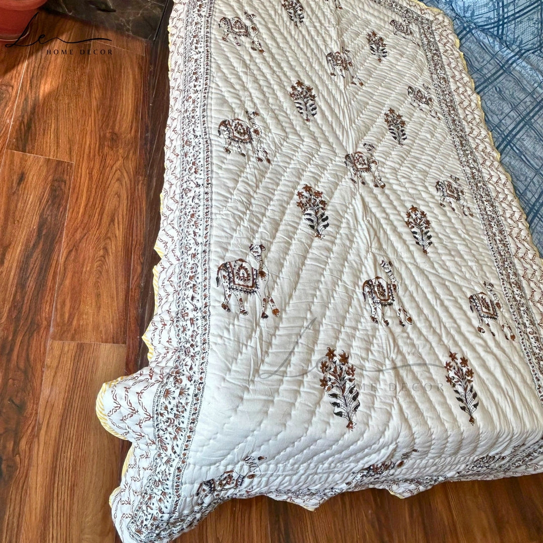 Hand Block Printed Organic Cotton Quilted Blanket - Camel