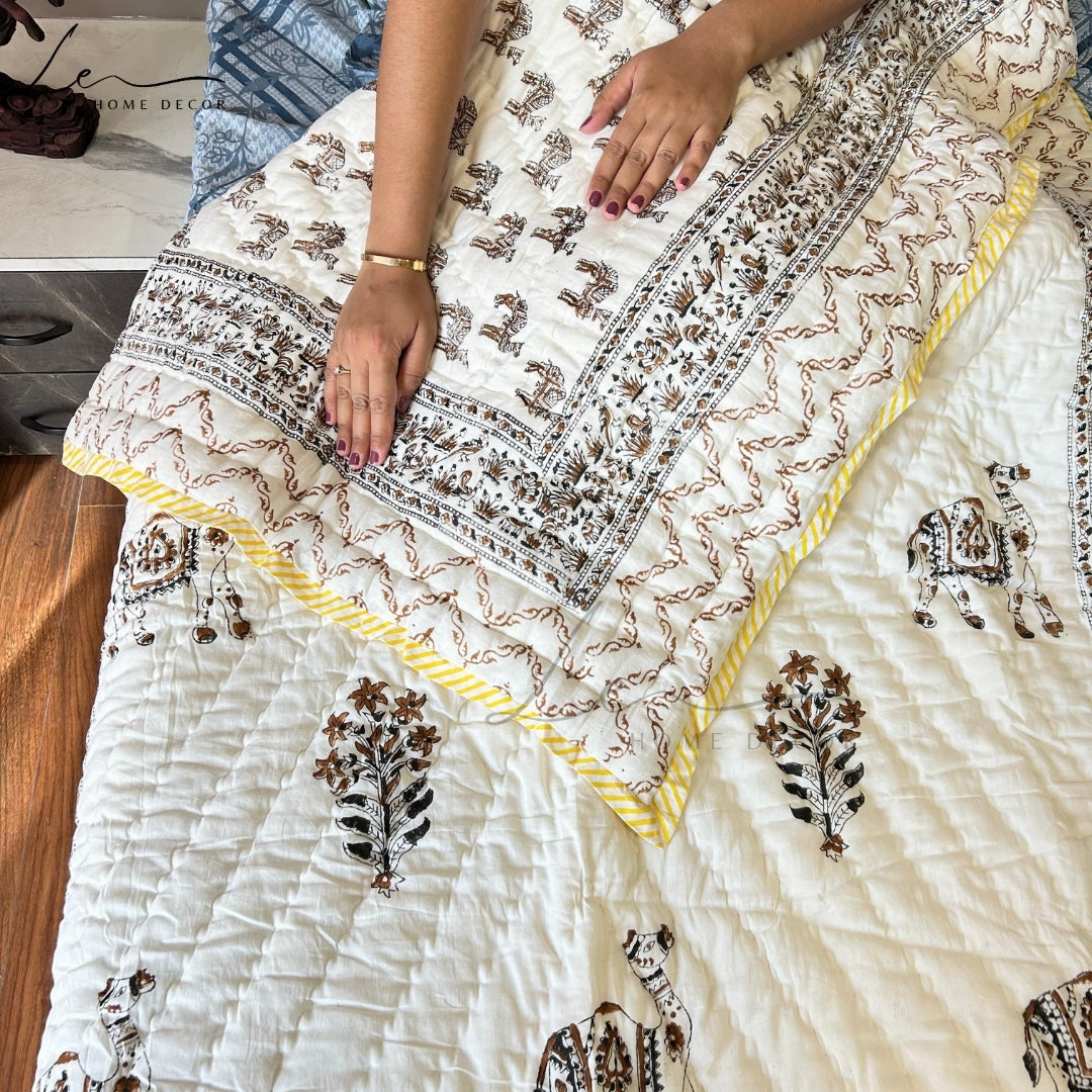 Hand Block Printed Organic Cotton Quilted Blanket - Camel