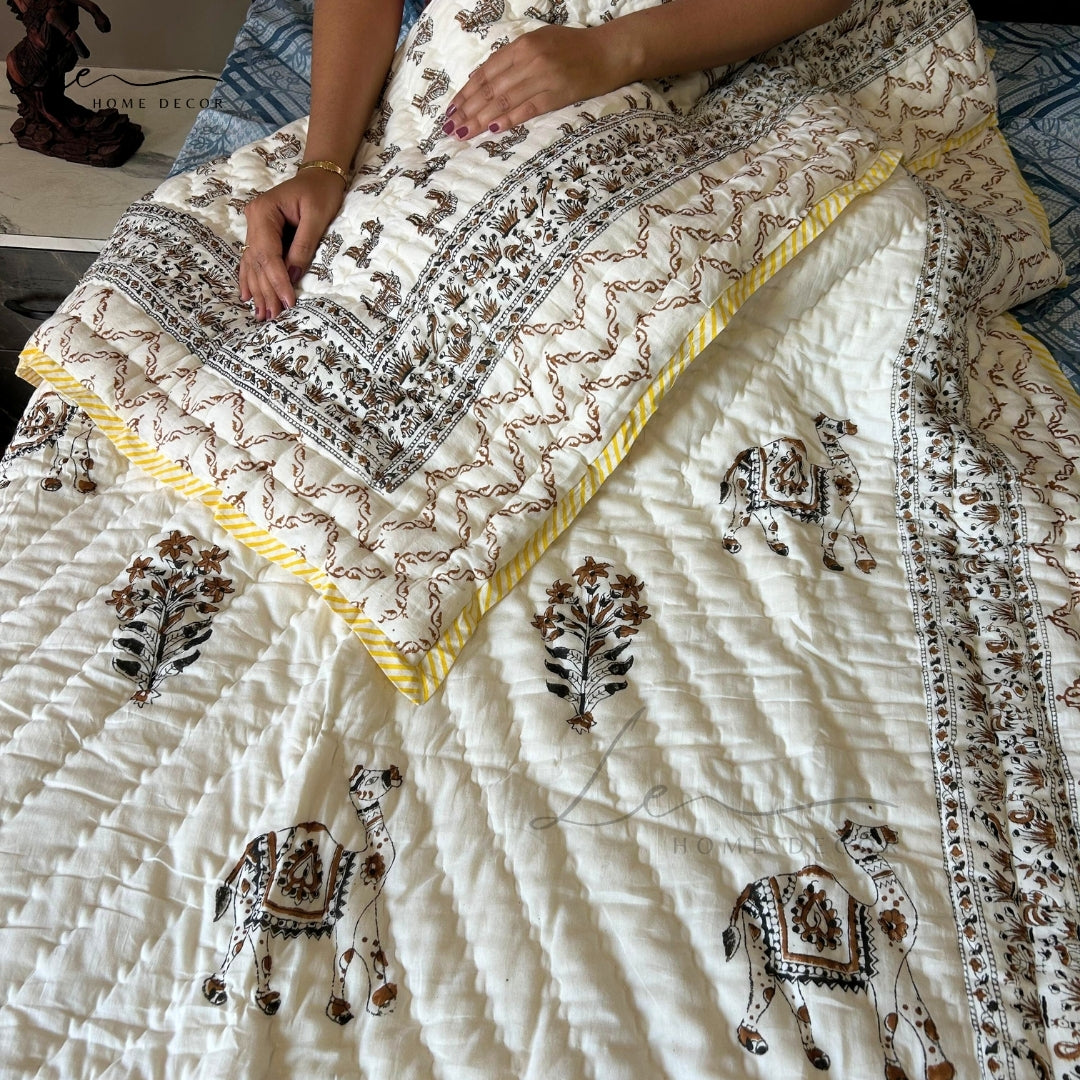 Hand Block Printed Organic Cotton Quilted Blanket - Camel