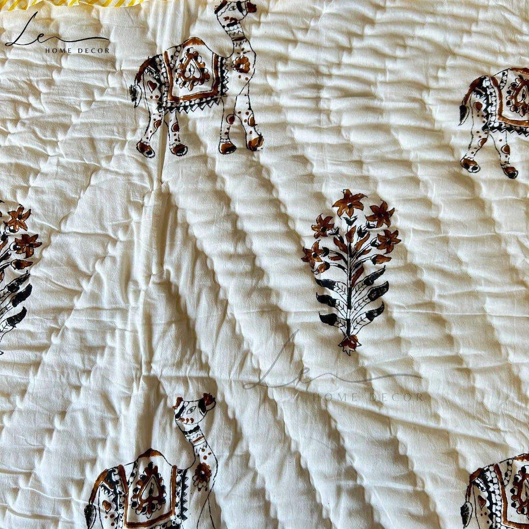 Hand Block Printed Organic Cotton Quilted Blanket - Camel