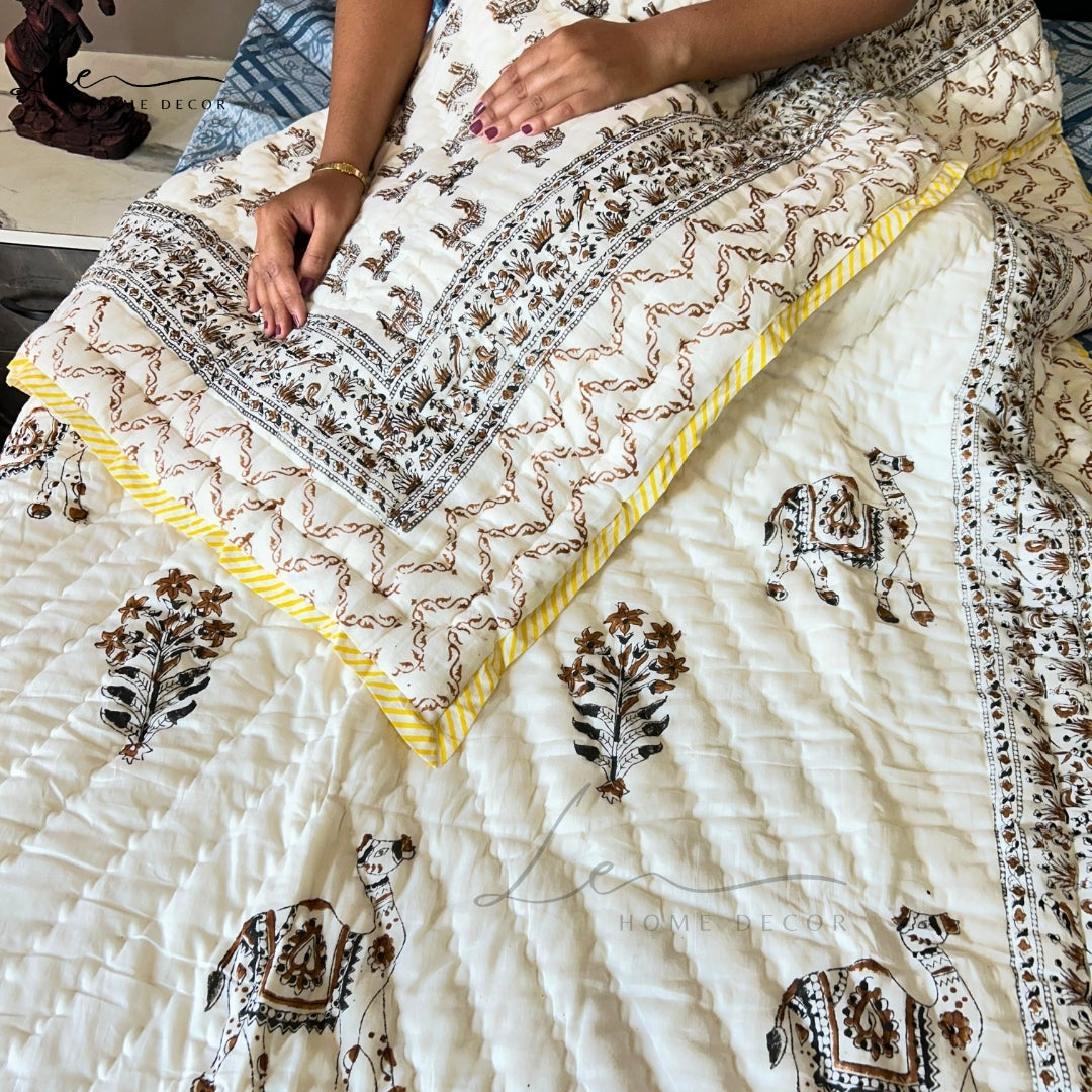 Hand Block Printed Organic Cotton Quilted Blanket - Camel