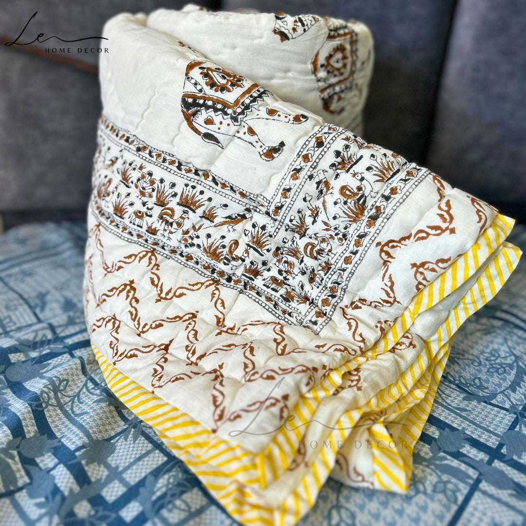 Hand Block Printed Organic Cotton Quilted Blanket - Camel