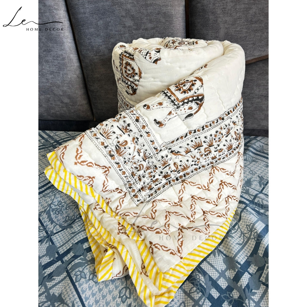 Hand Block Printed Organic Cotton Quilted Blanket - Camel
