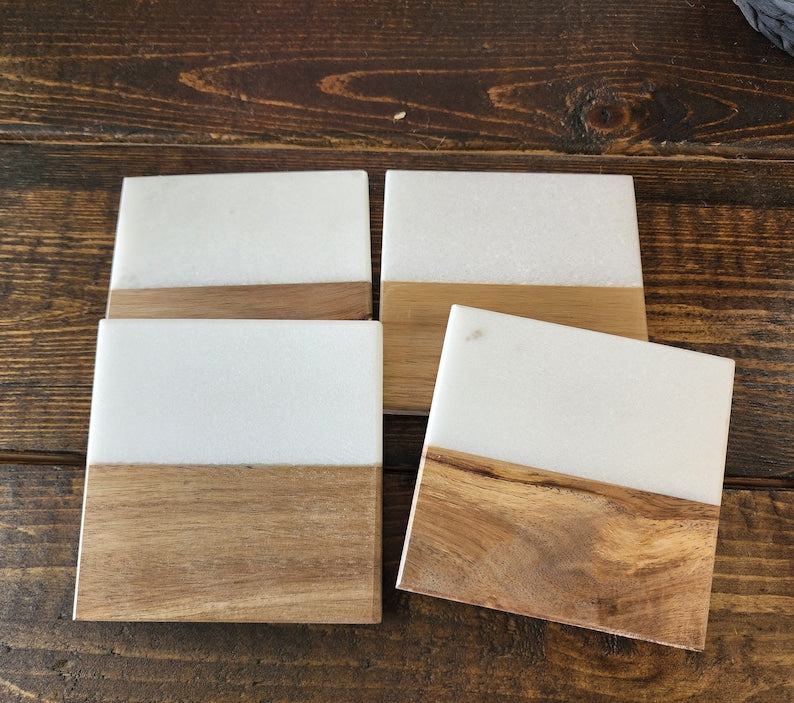 Personalized Acacia Wood and Marble Coasters