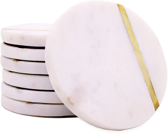 White Marble Tea & Coffee Coasters Gold Brass