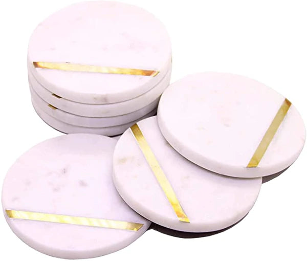 White Marble Tea & Coffee Coasters Gold Brass
