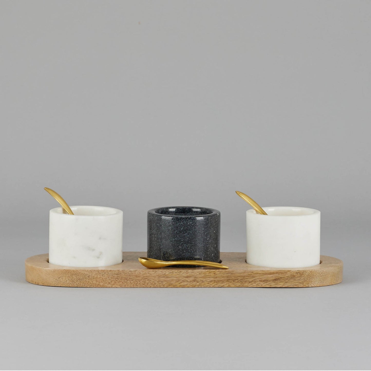 Marble Nut Bowls And Wooden Tray With Brass Spoons (Set Of 3)