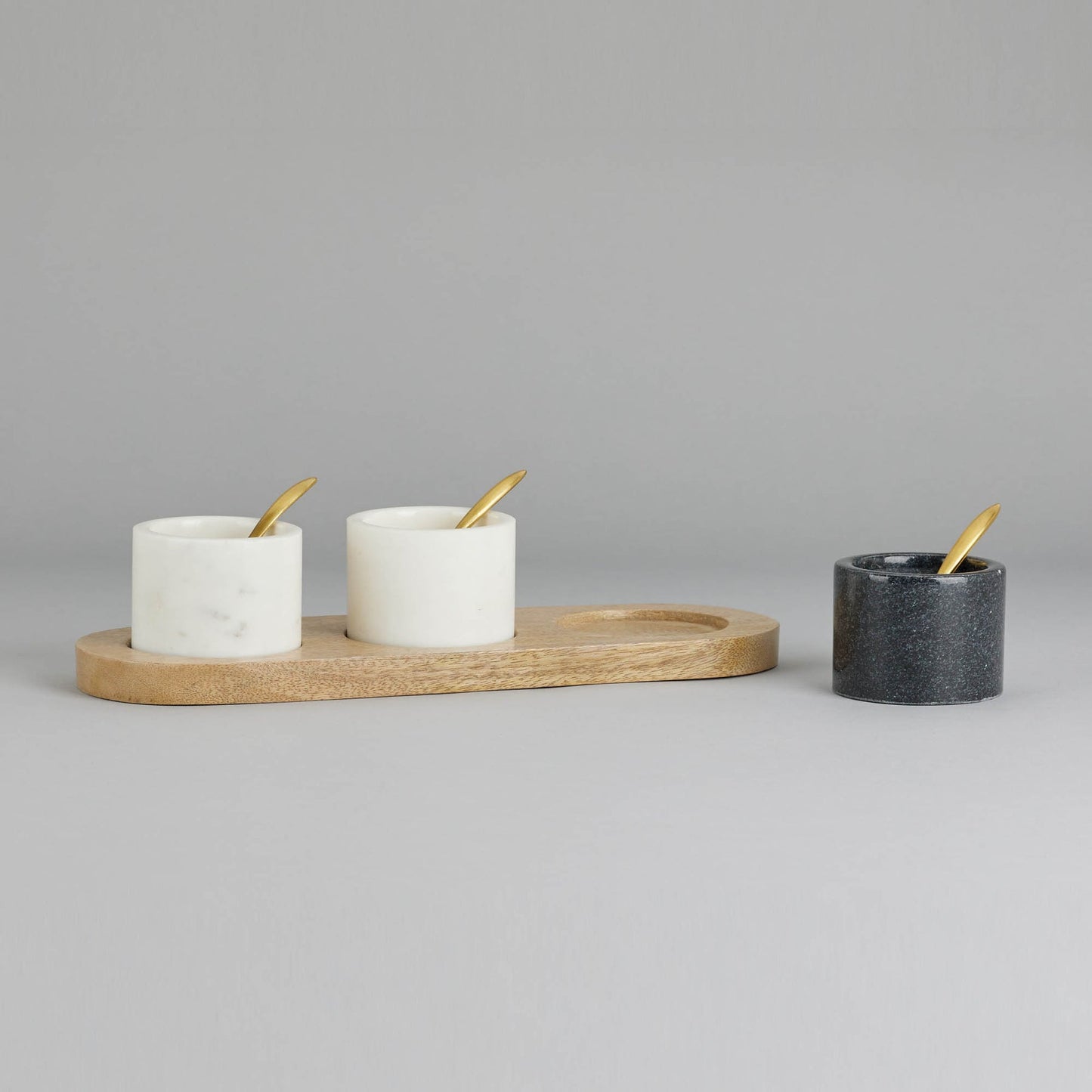 Marble Nut Bowls And Wooden Tray With Brass Spoons (Set Of 3)