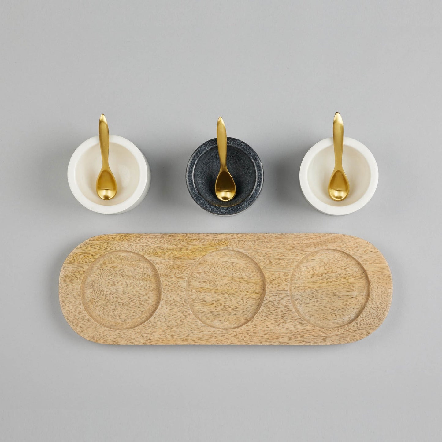 Marble Nut Bowls And Wooden Tray With Brass Spoons (Set Of 3)