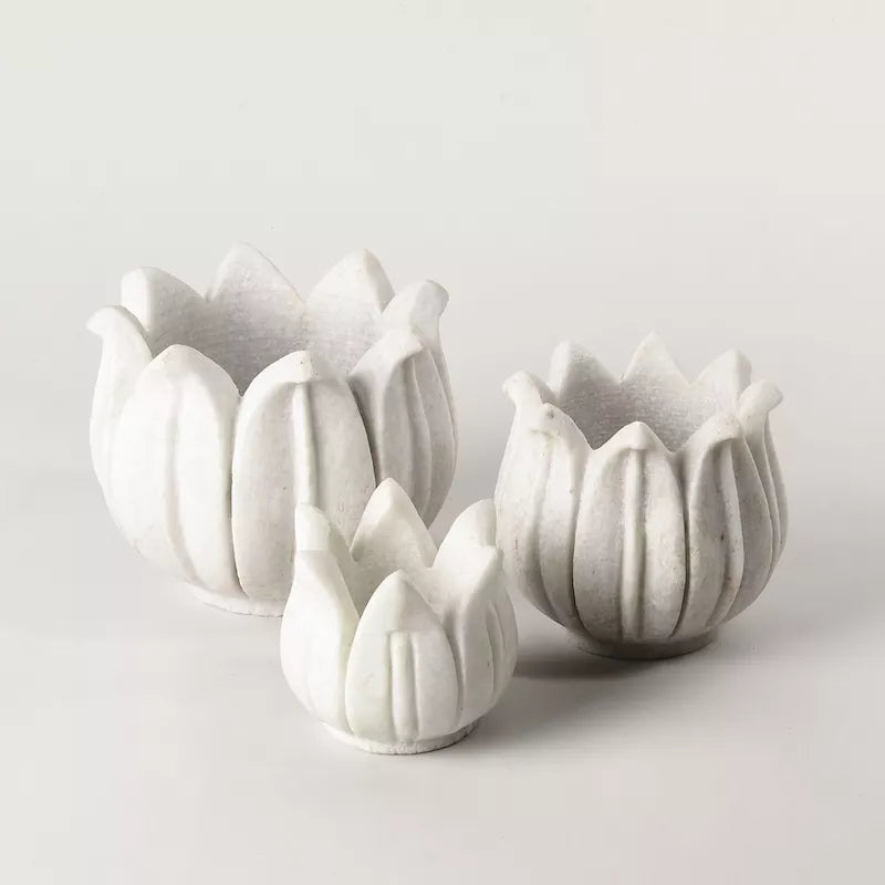 Marble Lotus Candle Holder Set Of 3