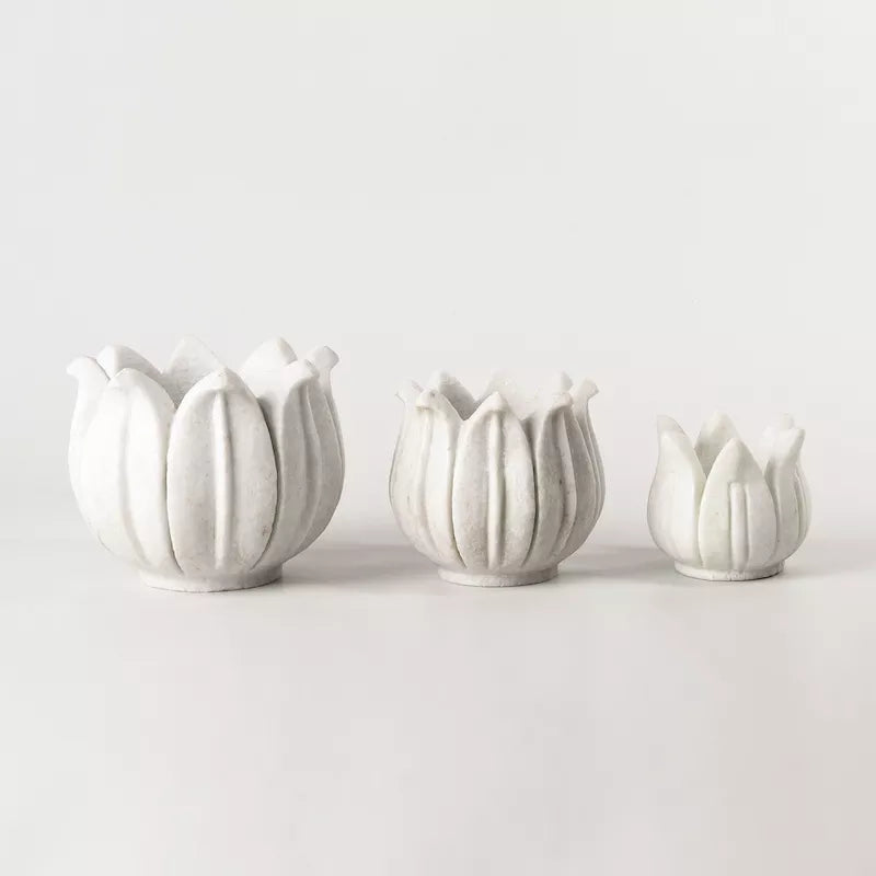 Marble Lotus Candle Holder Set Of 3