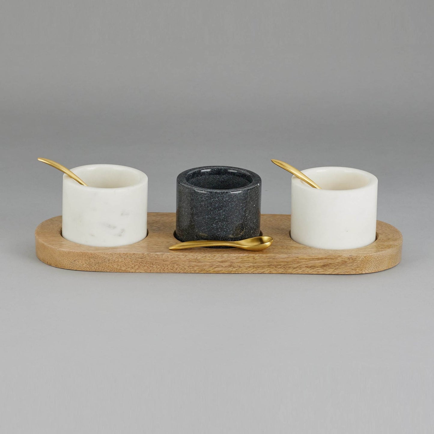 Marble Nut Bowls And Wooden Tray With Brass Spoons (Set Of 3)