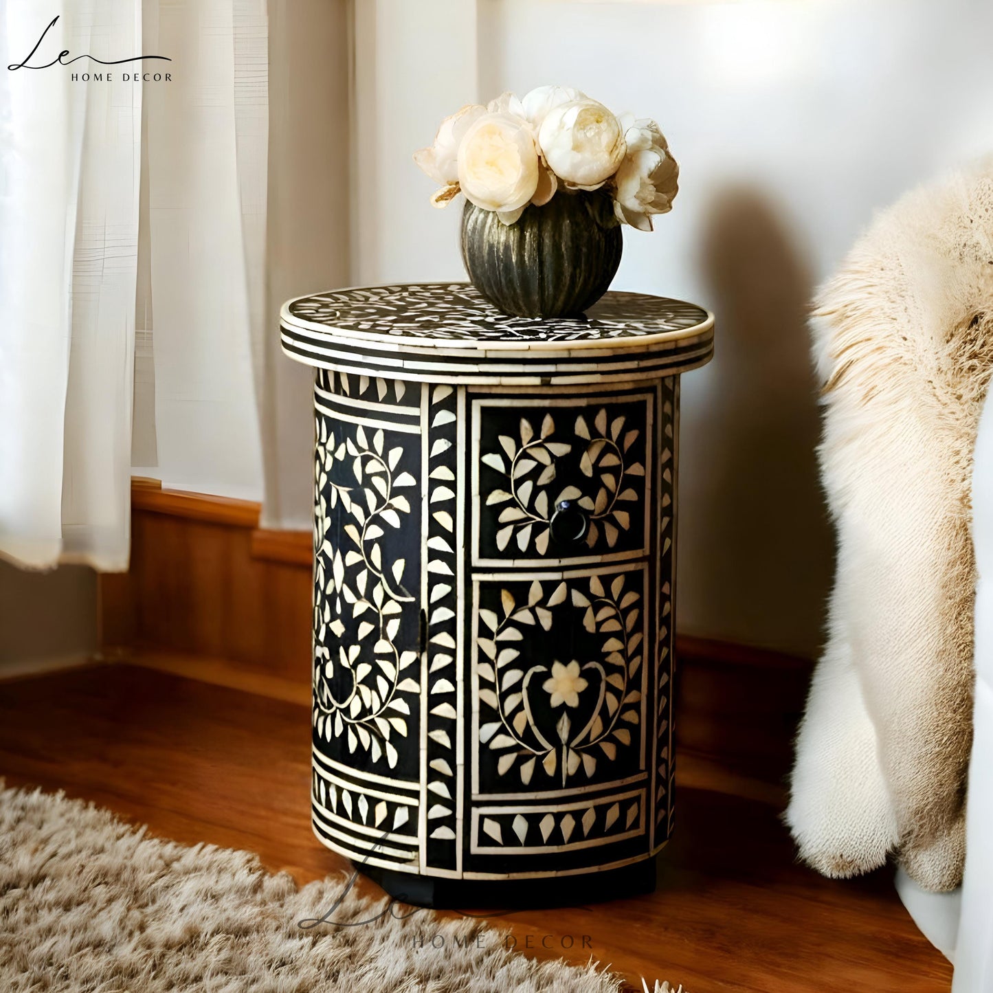 Black and White Round Bone Inlay Side Table