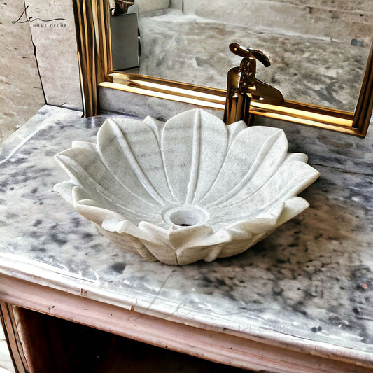 White Marble Floral Wash Basin Sink