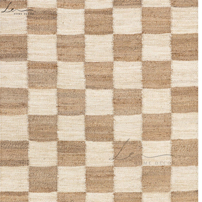 White & Brown Checkered Handmade Natural Jute Rug