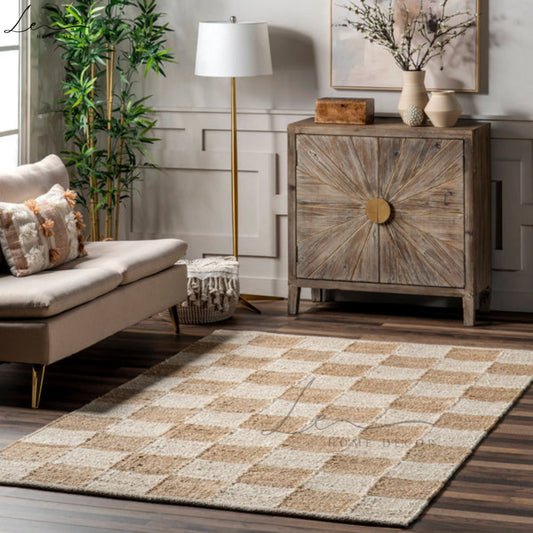 White & Brown Checkered Handmade Natural Jute Rug