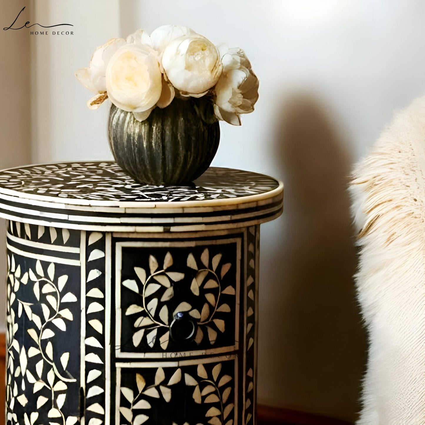 Black and White Round Bone Inlay Side Table