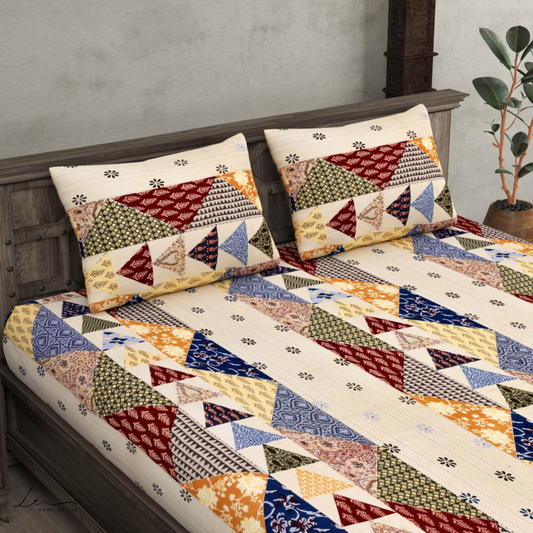 Pastel Twill Cotton Double Bedsheet With Colorful Patchwork Design