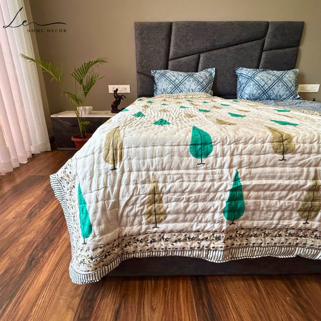 Hand Block Printed Organic Cotton Quilted Blanket - Christmas Tree