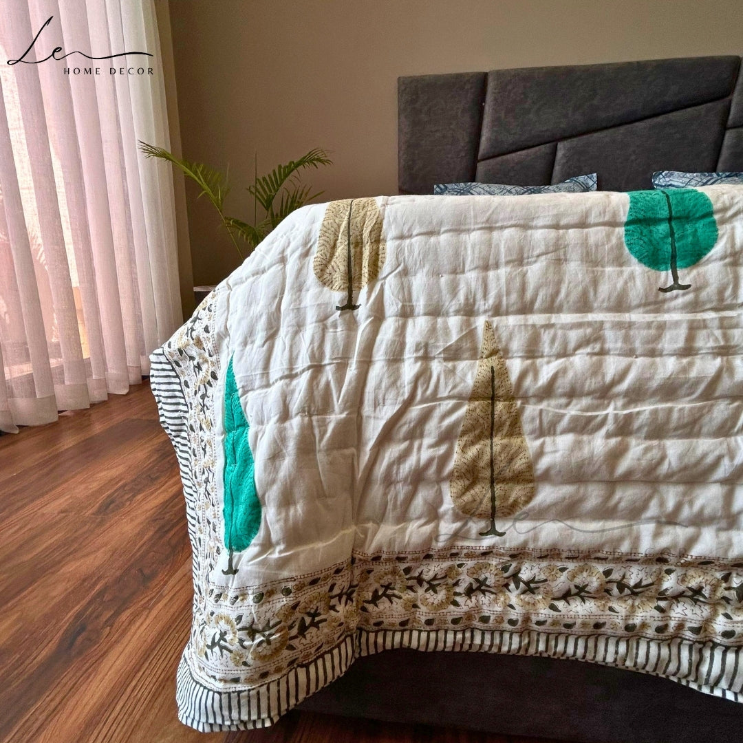 Hand Block Printed Organic Cotton Quilted Blanket - Christmas Tree